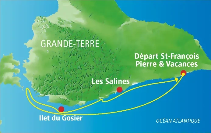Carte du parcours jet ski Grande Bleue au départ de Pierre & Vacances, Guadeloupe