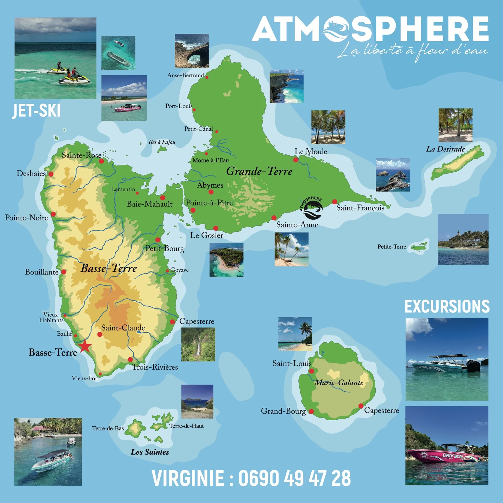 Carte de la Guadeloupe par Atmosphère : Grande-Terre, Basse-Terre, les Saintes, Marie-Galante, la Désirade et Petite-Terre, avec nos activités jet ski et excursions